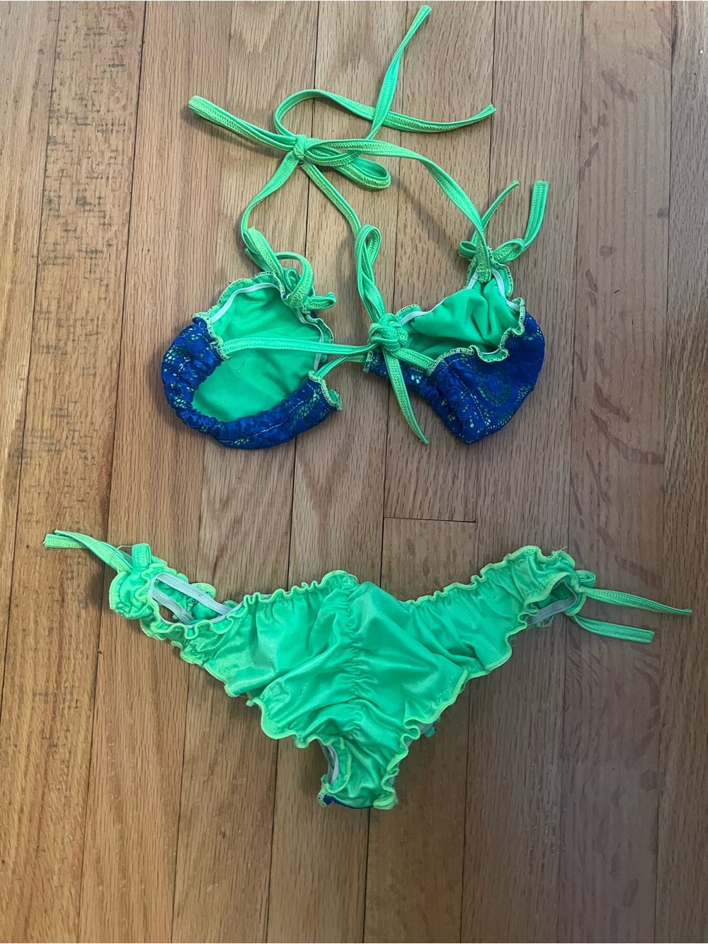 Blue & Neon Green Ruffle Triangle Bikini Set - Picture 3 of 3